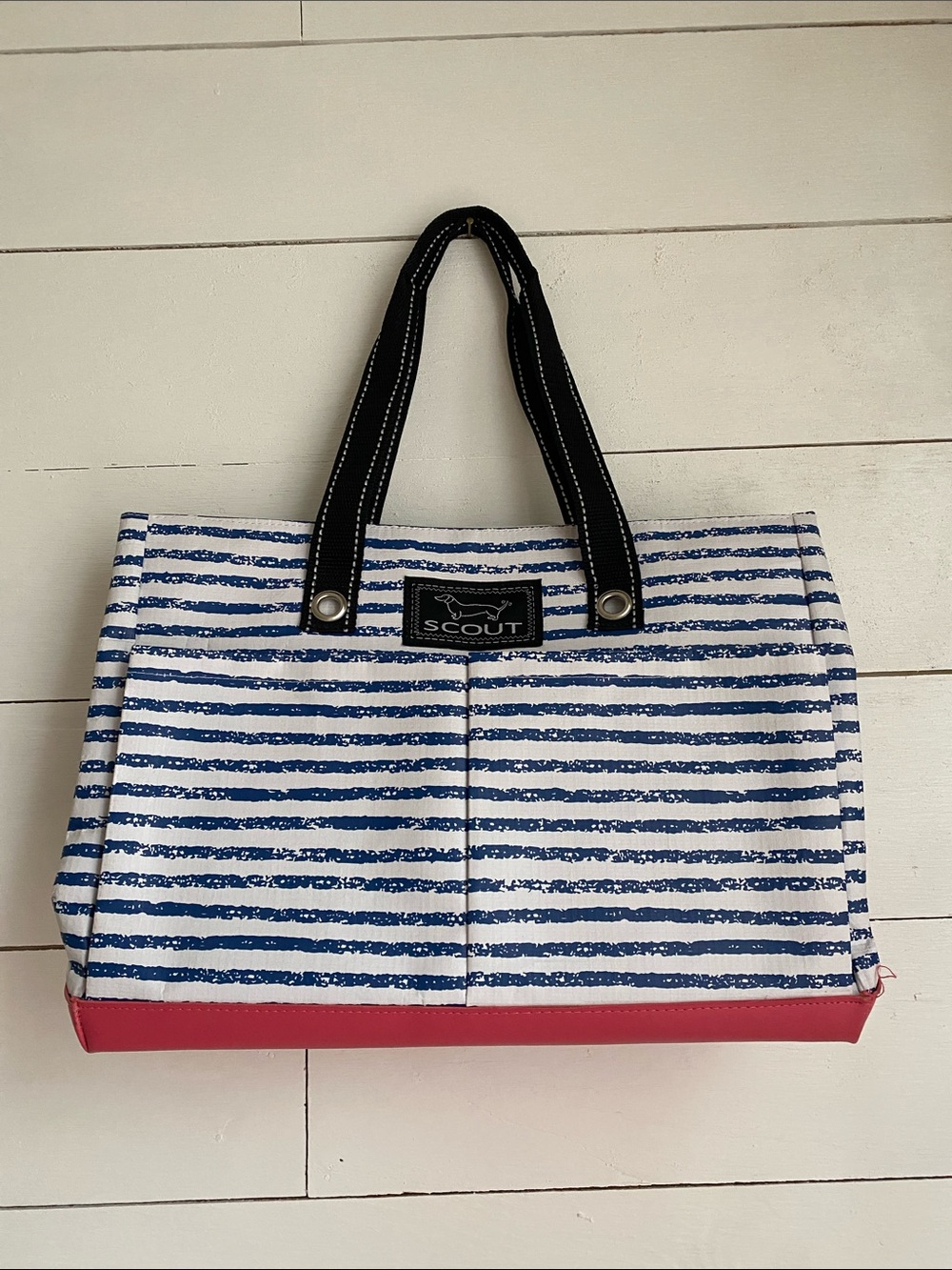 Scout Blue and White Striped Tote with Red Base